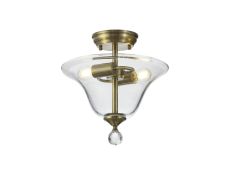 Amara 2 Light Semi Flush Ceiling E27 With Smooth Bell 30cm Glass Shade Antique Brass/Clear