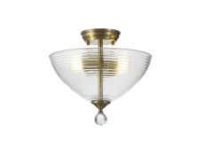 Amara 2 Light Semi Flush Ceiling E27 With Round 33.5cm Prismatic Effect Glass Shade Antique Brass/Clear
