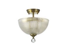 Amara 2 Light Semi Flush Ceiling E27 With Round 30cm Prismatic Effect Glass Shade Antique Brass/Clear