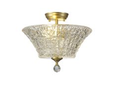 Amara 2 Light Semi Flush Ceiling E27 With Round 38cm Patterned Glass Shade Satin Gold/Clear