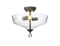 Amara 2 Light Semi Flush Ceiling E27 With Flat Round 38cm Glass Shade Graphite/Clear