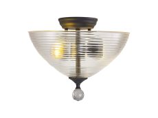 Amara 2 Light Semi Flush Ceiling E27 With Round 33.5cm Prismatic Effect Glass Shade Graphite/Clear