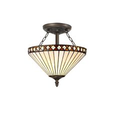 Te 30.5cm 2 Light Semi Flush E27 With 30cm Tiffany Shade, Amber/Cream/Crystal/Aged Antique Brass