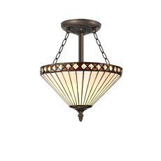Te 30.5cm 3 Light Semi Flush E27 With 30cm Tiffany Shade, Amber/Cream/Crystal/Aged Antique Brass