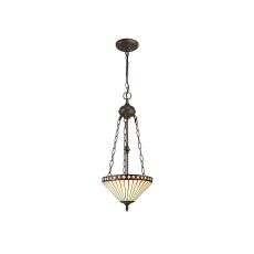 Te 30.5cm 2 Light Uplighter Pendant E27 With 30cm Tiffany Shade, Amber/Cream/Crystal/Aged Antique Brass