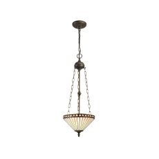 Te 30.5cm 3 Light Uplighter Pendant E27 With 30cm Tiffany Shade, Amber/Cream/Crystal/Aged Antique Brass