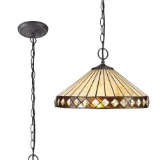 Te 41cm 2 Light Downlighter Pendant E27 With 40cm Tiffany Shade, Amber/Cream/Crystal/Aged Antique Brass