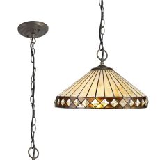 Te 41cm 3 Light Downlighter Pendant E27 With 40cm Tiffany Shade, Amber/Cmozarella/Crystal/Aged Antique Brass