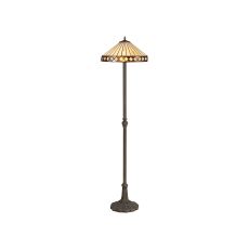 Te 2 Light Leaf Design Floor Lamp E27 With 40cm Tiffany Shade, Amber/Cream/Crystal/Aged Antique Brass
