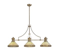 Te 3 Light Linear Pendant E27 With 30cm Tiffany Shade, Antique Brass, Amber, Cream, Crystal