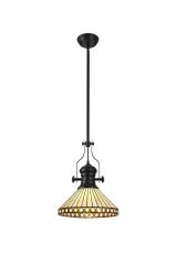 Te 30.5cm 1 Light Pendant E27 With 30cm Tiffany Shade, Matt Black/Amber/Cream/Crystal