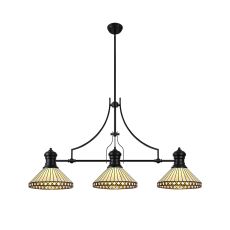Te 3 Light Linear Pendant E27 With 30cm Tiffany Shade, Matt Black, Amber, Cream, Crystal