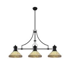 Te 3 Light Linear Pendant E27 With 30cm Tiffany Shade, Matt Black, Amber, Cmozarella, Crystal