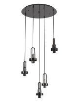 Urasawa 55cm 2.5m Round 5 Light Pendant, (FRAME ONLY), 5 x E27, Black Chrome / Matt Black