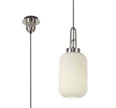 Urasawa 1 Light Pendant E27 With 20cm Tubular Ribbed Glass, Opal Polished Nickel/Matt Black