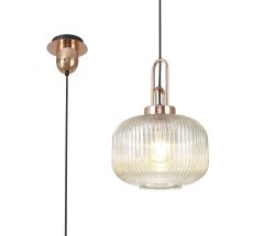 Urasawa 1 Light Pendant E27 With 30cm Pumpkin Shaped Ribbed Glass, Champagne Copper/Matt Black