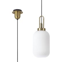 Urasawa 1 Light Pendant E27 With 20cm Tubular Ribbed Glass, Opal Brass Gold/Matt Black