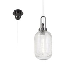 Urasawa 1 Light Pendant E27 With 20cm Tubular Ribbed Glass, Clear Black Chrome/Matt Black