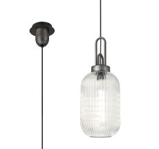 Urasawa 1 Light Pendant E27 20cm Tubular Ribbed Glass, Clear Black/Aged Pewter