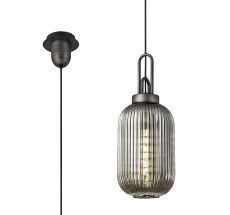 Urasawa 1 Light Pendant E27 20cm Tubular Ribbed Glass, Smoked Black/Aged Pewter