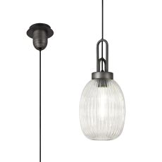 Urasawa 1 Light Pendant E27 20cm Almond Ribbed Glass, Clear Black/Aged Pewter