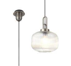 Urasawa 1 Light Pendant E27 30cm Pumpkin Shaped Ribbed Glass, Clear Antique Silver/Black