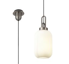 Urasawa 1 Light Pendant E27 20cm Tubular Ribbed Glass, Opal Antique Silver/Black