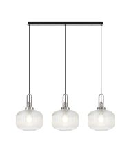 Urasawa Linear 3 Light Pendant E27, Polished Nickel/Matt Black With 30cm Pumpkin Shaped Ribbed Clear Glass