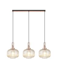 Urasawa Linear 3 Light Pendant E27, Copper/Matt Black With 30cm Pumpkin Shaped Ribbed Champagne Glass