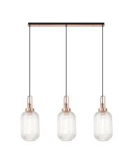 Urasawa Linear 3 Light Pendant E27 With 20cm Tubular Ribbed Glass, Clear Copper/Matt Black