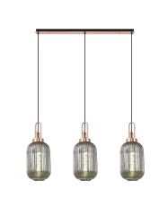 Urasawa Linear 3 Light Pendant E27 With 20cm Tubular Ribbed Glass, Smoked Copper/Matt Black