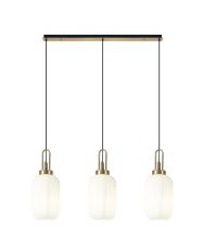 Urasawa Linear 3 Light Pendant E27 With 20cm Tubular Ribbed Glass, Opal Brass Gold/Matt Black