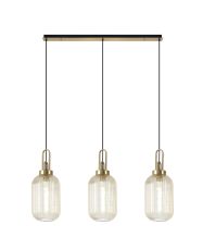 Urasawa Linear 3 Light Pendant E27 With 20cm Tubular Ribbed Glass, Champagne Brass Gold/Matt Black