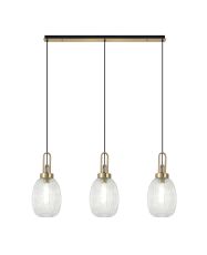 Urasawa Linear 3 Light Pendant E27 With 20cm Almond Ribbed Glass, Clear Brass Gold/Matt Black