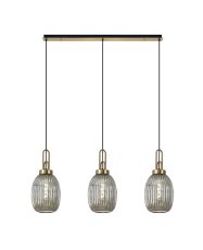 Urasawa Linear 3 Light Pendant E27 With 20cm Almond Ribbed Glass, Smoked Brass Gold/Matt Black