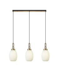 Urasawa Linear 3 Light Pendant E27 With 20cm Almond Ribbed Glass, Opal Brass Gold/Matt Black