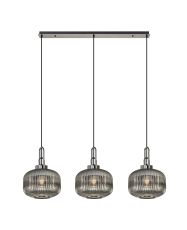 Urasawa Linear 3 Light Pendant E27, Black Chrome/Matt Black With 30cm Pumpkin Shaped Ribbed Smoked Glass