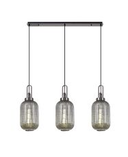 Urasawa Linear 3 Light Pendant E27 With 20cm Tubular Ribbed Glass, Smoked Black Chrome/Matt Black