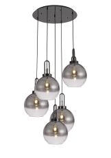 Urasawa Round 5 Light Pendant With 30cm Globe Glass, Black Chrome/Matt Black Smoked/Clear