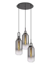 Urasawa Round 3 Light Pendant With 16cm Cylinder Glass, Black Chrome/Matt Black Smoked/Clear