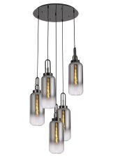 Urasawa 61cm Round 5 Light Pendant With 16cm Cylinder Glass, Black Chrome/Matt Black Smoked/Clear