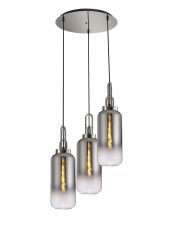 Urasawa 51cm Round 3 Light Pendant With 16cm Cylinder Glass, Polished Nickel/Matt Black Smoked/Clear