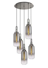 Urasawa Round 5 Light Pendant With 16cm Cylinder Glass, Polished Nickel/Matt Black Smoked/Clear