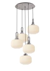 Urasawa 75cm 2.5m Round Pendant, 5 x E27, Pewter/Matt Black With 30cm Pumpkin Shaped Ribbed Opal Glass