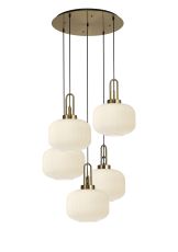 Urasawa 75cm 2.5m Round Pendant, 5 x E27, Brass Gold/Matt Black With 30cm Pumpkin Shaped Ribbed Opal Glass