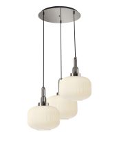 Urasawa 65cm 2m Round Pendant, 3 x E27, Polished Nickel/Matt Black With 30cm Pumpkin Shaped Ribbed Opal Glass