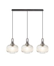 Urasawa Linear 3 Light Pendant E27, Aged Pewter/Matt Black With 30cm Pumpkin Shaped Ribbed Clear Glass