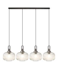 Urasawa Linear Pendant, 4 x E27, Aged Pewter/Matt Black With 30cm Pumpkin Shaped Ribbed Clear Glass