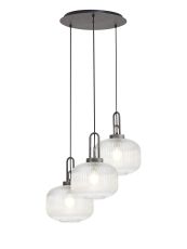 Urasawa 65cm 2m Round Pendant, 3 x E27, Pewter/Matt Black With 30cm Pumpkin Shaped Ribbed Clear Glass