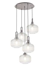 Urasawa 75cm 2.5m Round Pendant, 5 x E27, Pewter/Matt Black With 30cm Pumpkin Shaped Ribbed Clear Glass